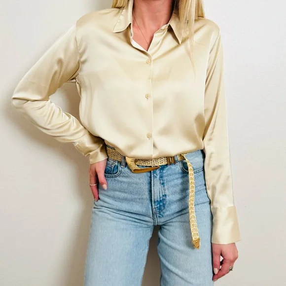 New Abercrombie & Fitch Cream Satin Elegant Long Sleeve Button Down Shirt - Picture 5 of 15